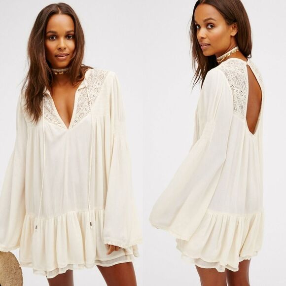 New! FREE PEOPLE Victorian Lace Tunic Prairie Top Size M Color Ivory Long Sleeve - Picture 1 of 10